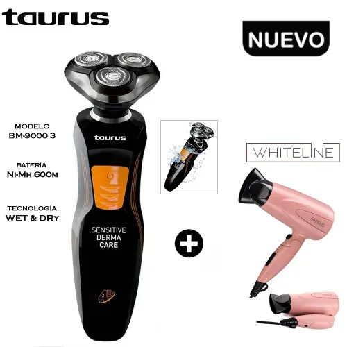 COMBO AFEITADOR TAURUS BM-9000 SENSITIVE DERMA CARE + SECADORA CABELLO WHITELINE ORO ROSA