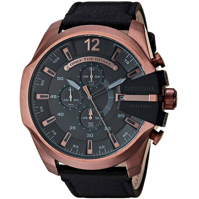 Reloj-Diesel-Mega-Chief-DZ4459-Fecha-Cronometro-Correa-de-Cuero-Negro-Acero-Bronce