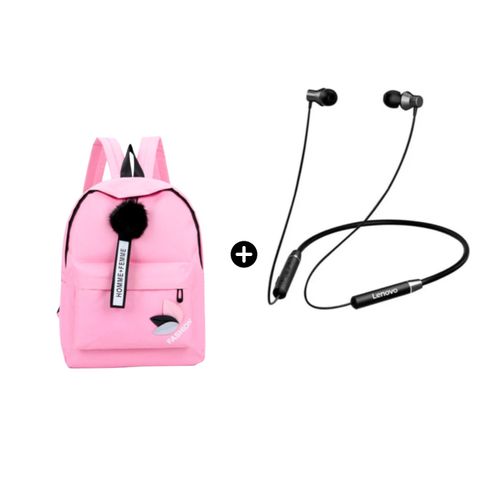 Audífono Lenovo HE05 Bluetooth + Mochila de lona Multiuso Basic Rosa