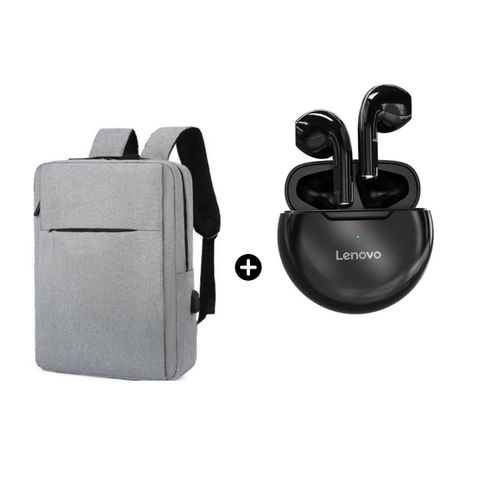 Audífono Lenovo HT38 Negro Bluetooth + Mochila Antirrobo Impermeable Porta Laptop Usb Gris