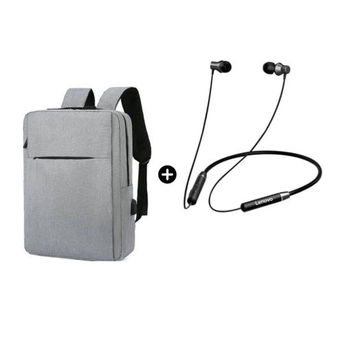 Audífono Lenovo HE05 Bluetooth + Mochila Antirrobo Impermeable Porta Laptop Usb Gris