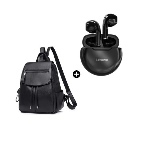 Audífono Lenovo HT38 BT Negro + Mochila Antirrobo Cuero Sintético Negro