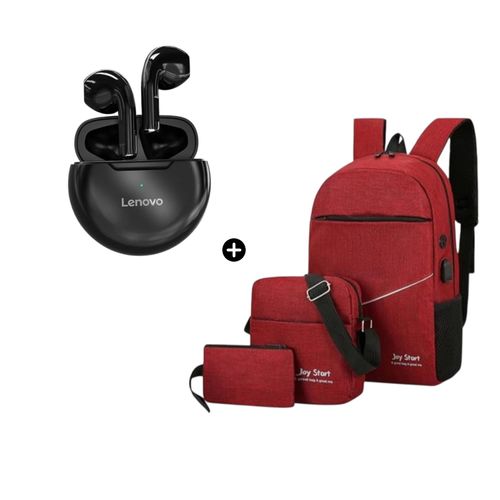 Audífono Lenovo HT38 Negro Bluetooth + Pack Mochila Morral 3 En 1 Joy Start Rojo
