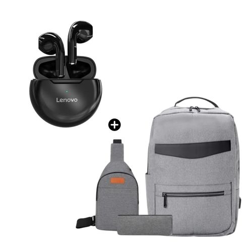 Audífono Lenovo HT38 BT Negro + Mochila Morral Pack 3 en 1 Antirrobo Porta Laptop Usb 4.0 - Gris
