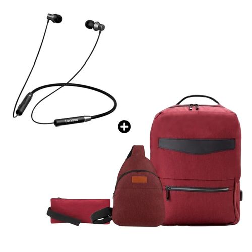 Audífono Lenovo HE05 BT + Mochila Morral Pack 3 en 1 Antirrobo Porta Laptop Usb 4.0 - Rojo