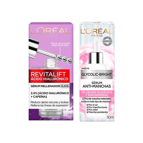 Pack L'ORÉAL Sérum Rellenador Ojos con Ácido Hialurónico 20ml + Serum Anti-manchas Ácido Glicólico 30ml