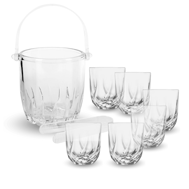 Kit-Whiskero-Set-de-6-Vasos-Whisky-Delicate-400-ml---Hielera-de-Vidrio-Set-de-3-pcs-con-Asa-y-Pinza