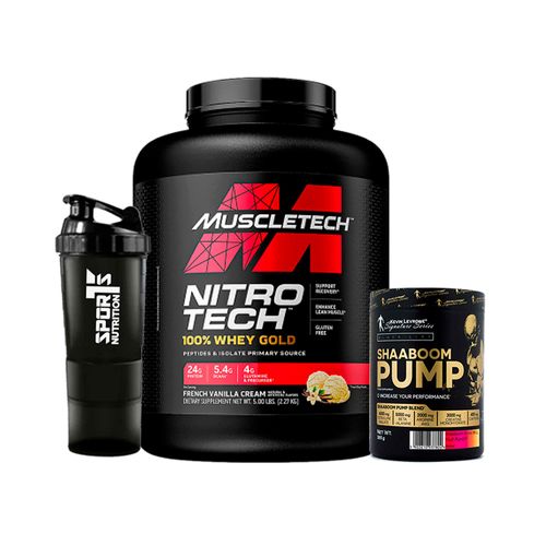 Pack Nitrotech Whey Gold Vainilla 5lb +Shaaboom Pump 385gr+ SmartShaker