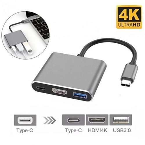 Convertidor adaptador 3 en 1 Tipo C a HDMI 4K/ USB 3.0/ Tipo C Multipuerto Metal