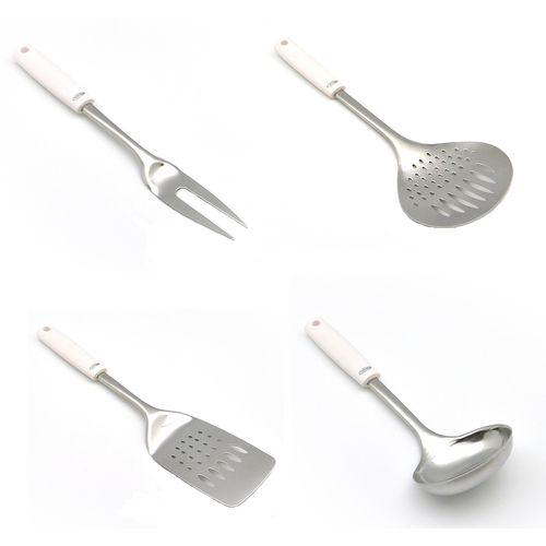 SET DE UTENSILIOS PALA + ESPUMADERA + CUCHARON + TENEDOR EN ACERO INOX