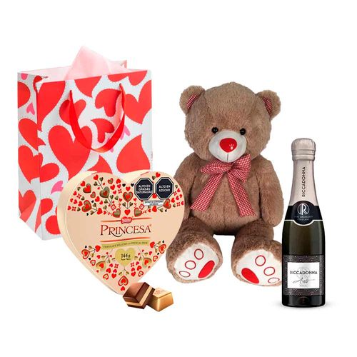 Pack Espumante RICCADONNA Asti 200ml + Osito Corbatin KISSES 35cm + Chocolate PRINCESA Corazón Caj. 144g + Bolsa de Regalo