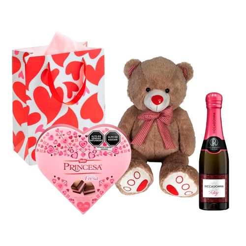 Pack Espumante RICCADONNA Ruby 200ml + Osito Hello Corazón KISSES 35cm + Chocolate Corazón PRINCESA Caj. 136g + Bolsa de Regalo