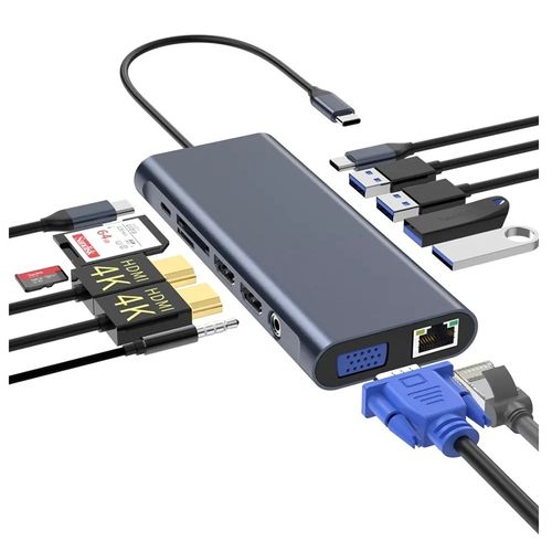 Hub Adaptador de Red 13 en 1 Tipo C Gigabit Multiport Hdmi Vga - Aluminio