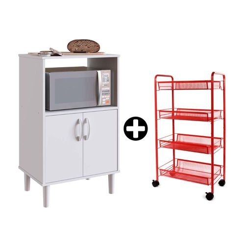 COMBO Orange: Mueble Multiuso para Microondas Dalia MDP 2 Puertas Blanco + Carrito para frutas y verduras Rojo