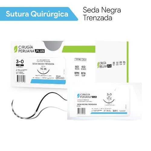 Sutura Seda Negra Trenzada 3-0 Aguja 3/8 Círculo Cortante 25mm x 75cm Cirugía Peruana