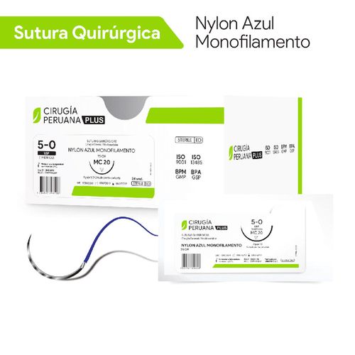 Sutura Nylon Azul Monofilamento 5-0 Aguja 1/2 Círculo Cortante 20mm x 75cm Cirugía Peruana