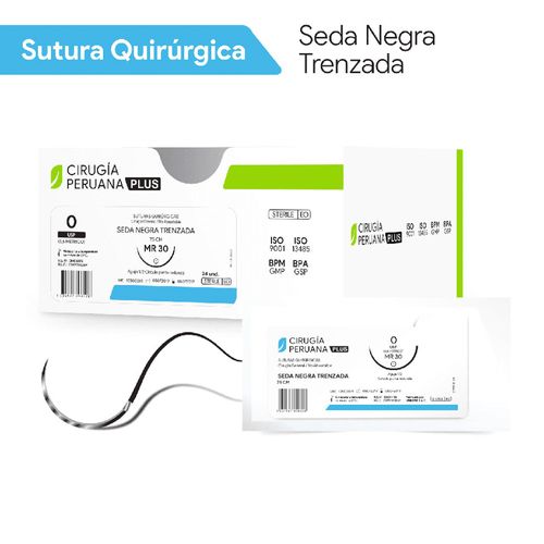 Sutura Seda Negra Trenzada 0 Aguja 1/2 Círculo Redonda 30mm x 75cm Cirugía Peruana