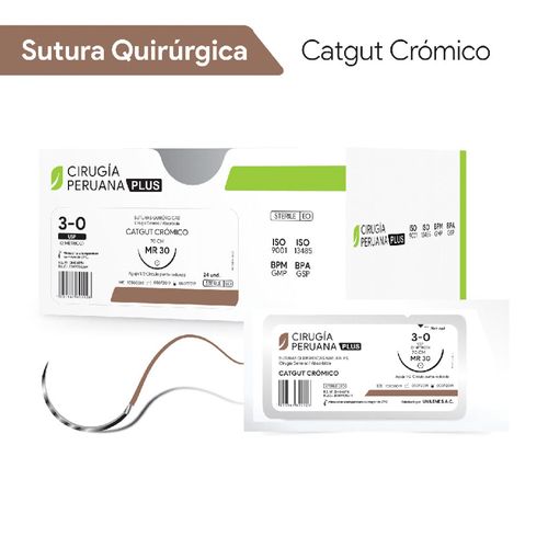 Sutura Catgut Crómico 3-0 Aguja 1/2 Círculo Redonda 30mm x 70cm Cirugía Peruana