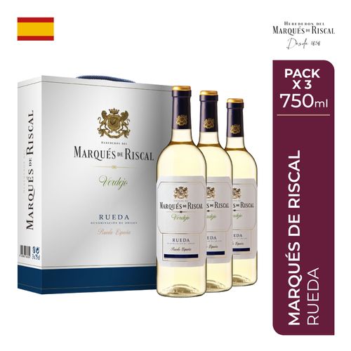 Vino Blanco MARQUÉS DE RISCAL Verdejo Seco Botella 750ml Pack x 3un