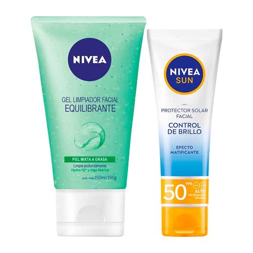 Pack Bloqueador Facial NIVEA Crema Control Brillo FPS 50 Tubo 50ml + Gel Limpiador Equilibrante NIVEA Piel Grasa - Tubo 150ml