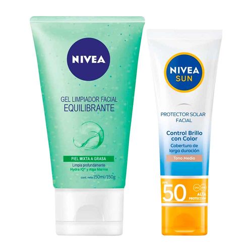 Pack Bloqueador NIVEA Control De Brillo FPS50 Frasco 50ml + Gel Limpiador Equilibrante NIVEA Piel Grasa - Tubo 150ml