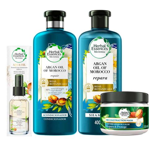 Pack HERBAL ESSENCES Champú Aceite Argán Frasco 400ml + Acondicionador + Mascarilla Aceite Argán y Aloe Frasco 300ml + Tratamiento Capilar