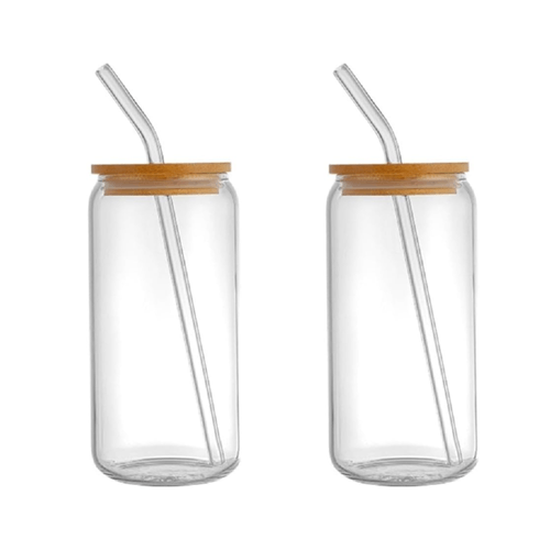 Set 2 Vasos de Vidrio Borosilicato con Tapa de Bambú y Sorbete