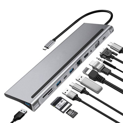 Hub Estacion Adaptador Tipo C 11 en 1 Multiport Hdmi Vga - Aluminio