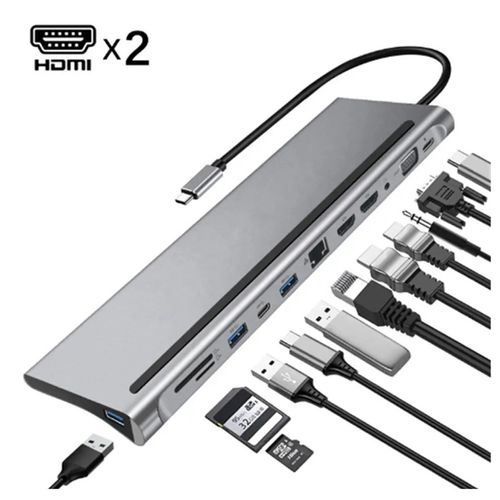 Hub Estacion Adaptador Tipo C 12 en 1 Multiport Hdmi Vga - Aluminio