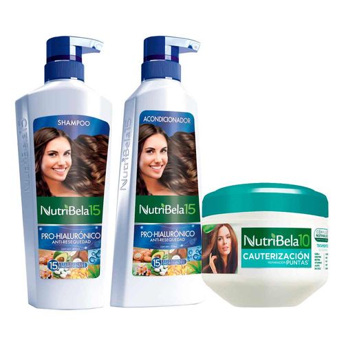 Pack NUTRIBELA Shampoo Hialurónico 400ml + Acondicionador Hialurónico 370ml + Tratamiento Capilar Cauterización Puntas 300ml