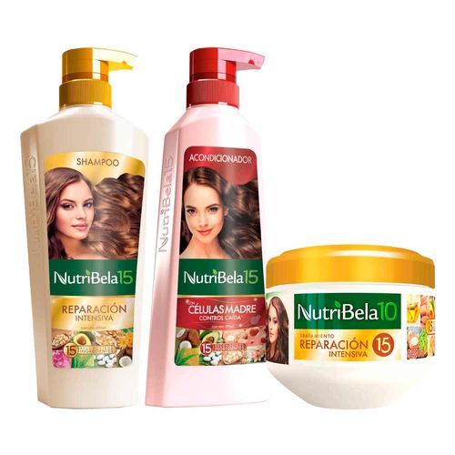 Pack NUTRIBELA Shampoo Reparacion Intensiva 400ml + Acondicionador Células Madre 370ml + Tratamiento Capilar Reparación Intensiva 300ml