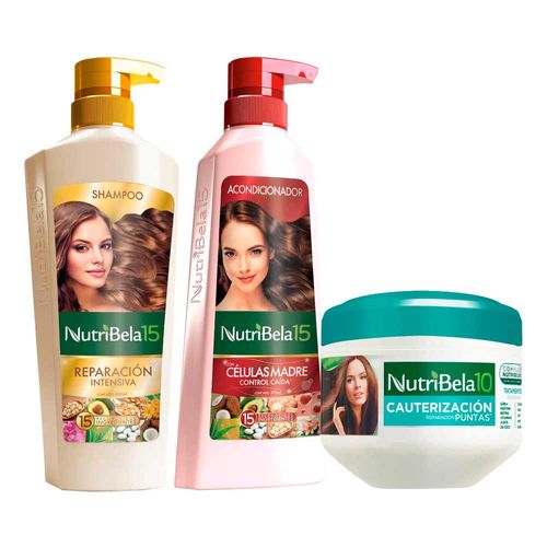 Pack NUTRIBELA Shampoo Reparacion Intensiva 400ml + Acondicionador Células Madre 370ml + Tratamiento Capilar Cauterización Puntas 300ml