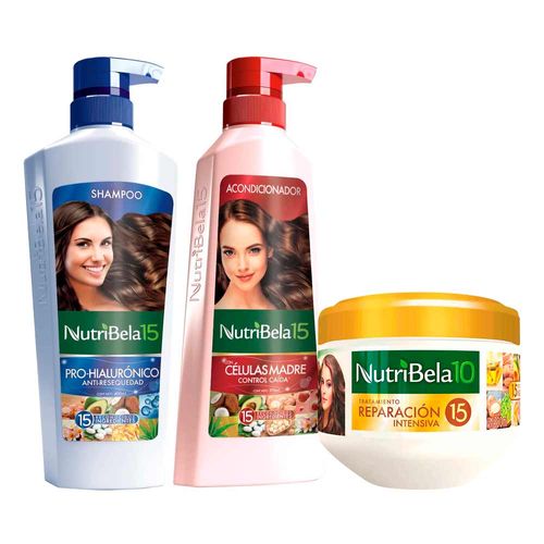 Pack NUTRIBELA Shampoo Hialurónico 400ml + Acondicionador Células Madre 370ml + Tratamiento Capilar Reparación Intensiva 300ml