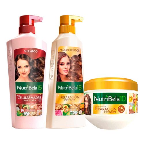 Pack NUTRIBELA Shampoo Células Madre 400ml + Acondicionador Reparacion Intensiva 370ml + Tratamiento Capilar Reparación Intensiva 300ml