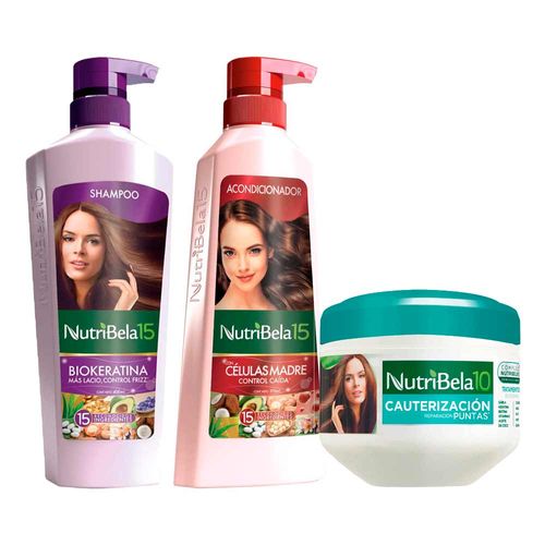 Pack NUTRIBELA Shampoo Biokeratina 400ml + Acondicionador Células Madre 370ml + Tratamiento Capilar Cauterización Puntas 300ml