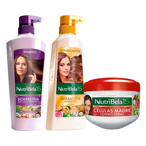 Pack NUTRIBELA Shampoo Biokeratina 400ml + Acondicionador Reparacion Intensiva 370ml + Tratamiento Capilar Células Madre 300ml