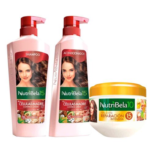 Pack NUTRIBELA Shampoo Células Madre 400ml + Acondicionador Células Madre 370ml + Tratamiento Capilar Reparación Intensiva 300ml