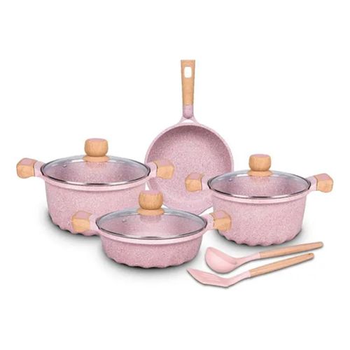 Juego De Olla Roca Volcánica Anti-adherente 9pcs Color Rosa - MGC