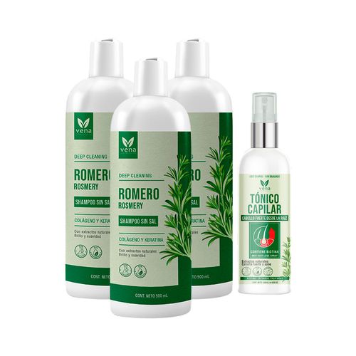 Shampoo Romero 500ml 3 Unidades + Tónico capilar 120ml Vena