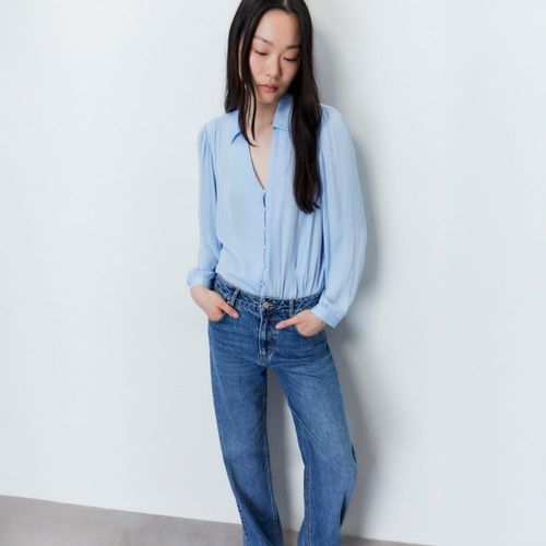 Blusa Cuello Botones Sfera Mujer Azul Claro