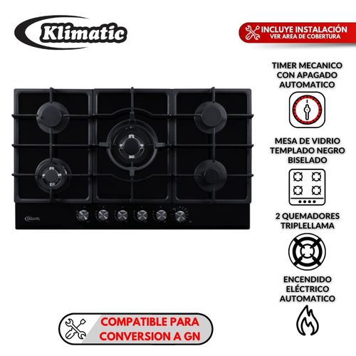 Cocina Empotrable Klimatic Aosta 90 Pro 5 hornillas Negro