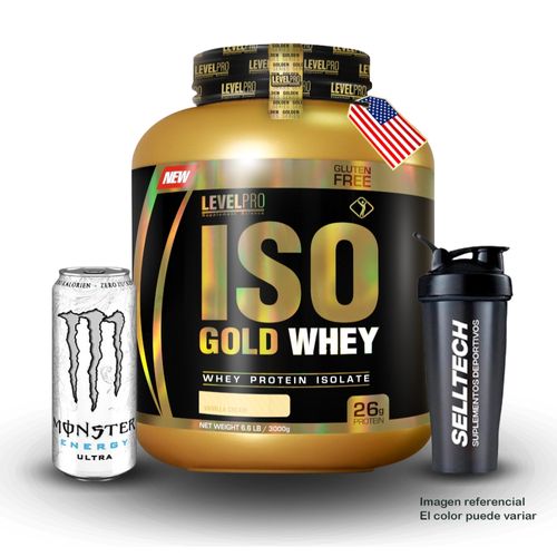 Level Pro Proteína Iso Gold Whey 6.6 Lbs Vanilla Creme+Monster