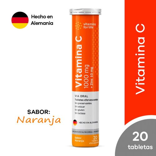 Vitamina C + Zinc Vitamins For Life Tableta Efervescente Sabor Naranja