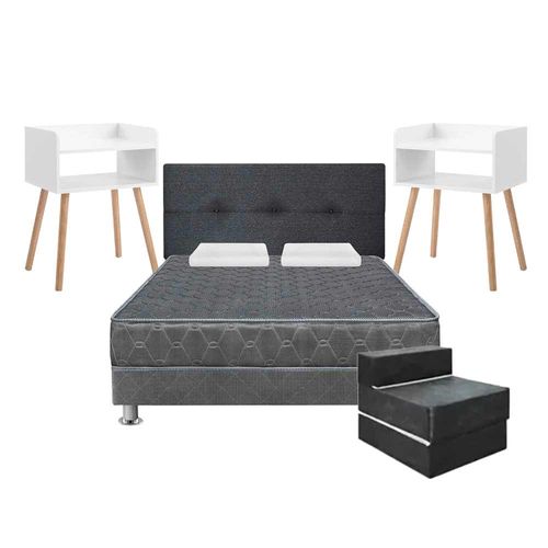 Pack Dormitorio FORLI Acqua 2 Plazas Gris/Gris + Sofá Cama + Veladores VIVA HOME Amelie 55cm