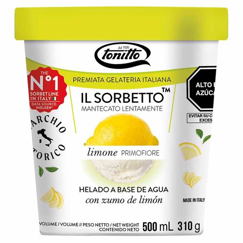 Helado Tradicional TONITTO Sorbetto Sabor a Limón Pote 500ml