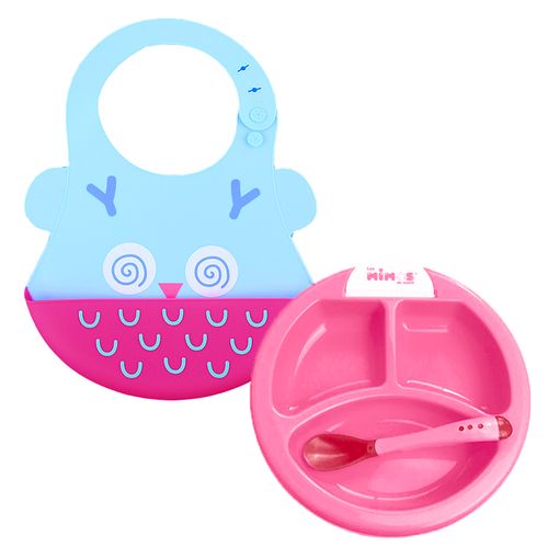 Pack Babero Buho y Set Plato Termico Fucsia para bebe