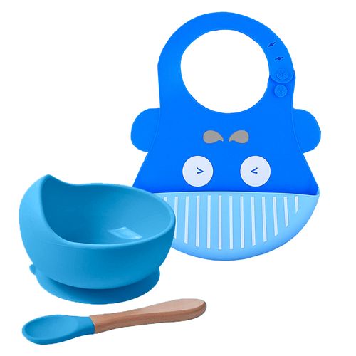 Pack Babero Ballena con Cuenco de silicona celeste con cuchara Baby Froggie para bebe