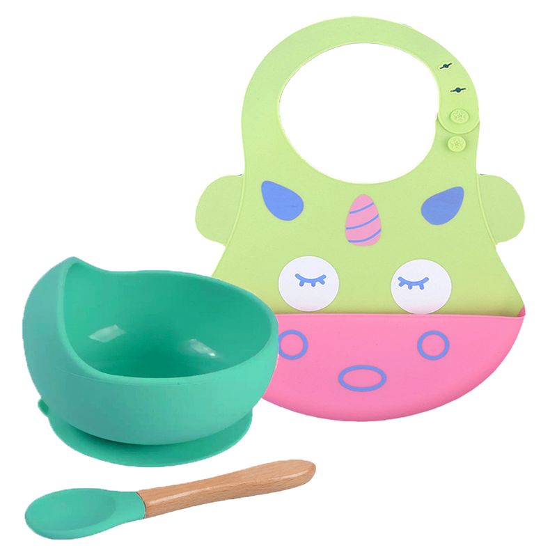 Pack-Babero-Unicornio-con-Cuenco-Turquesa-con-cuchara-Baby-Froggie-para-bebe