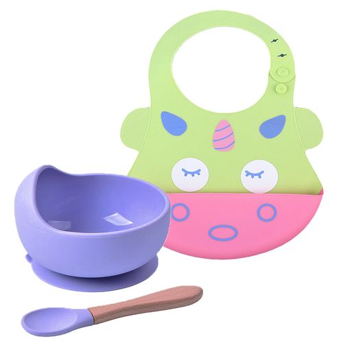 Pack Babero Unicornio con Cuenco Lila con cuchara Baby Froggie para bebe