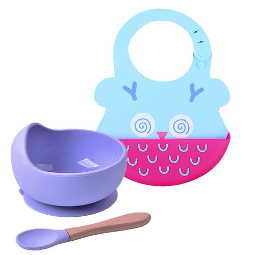 Pack Babero Buho con Cuenco Lila con cuchara Baby Froggie para bebe